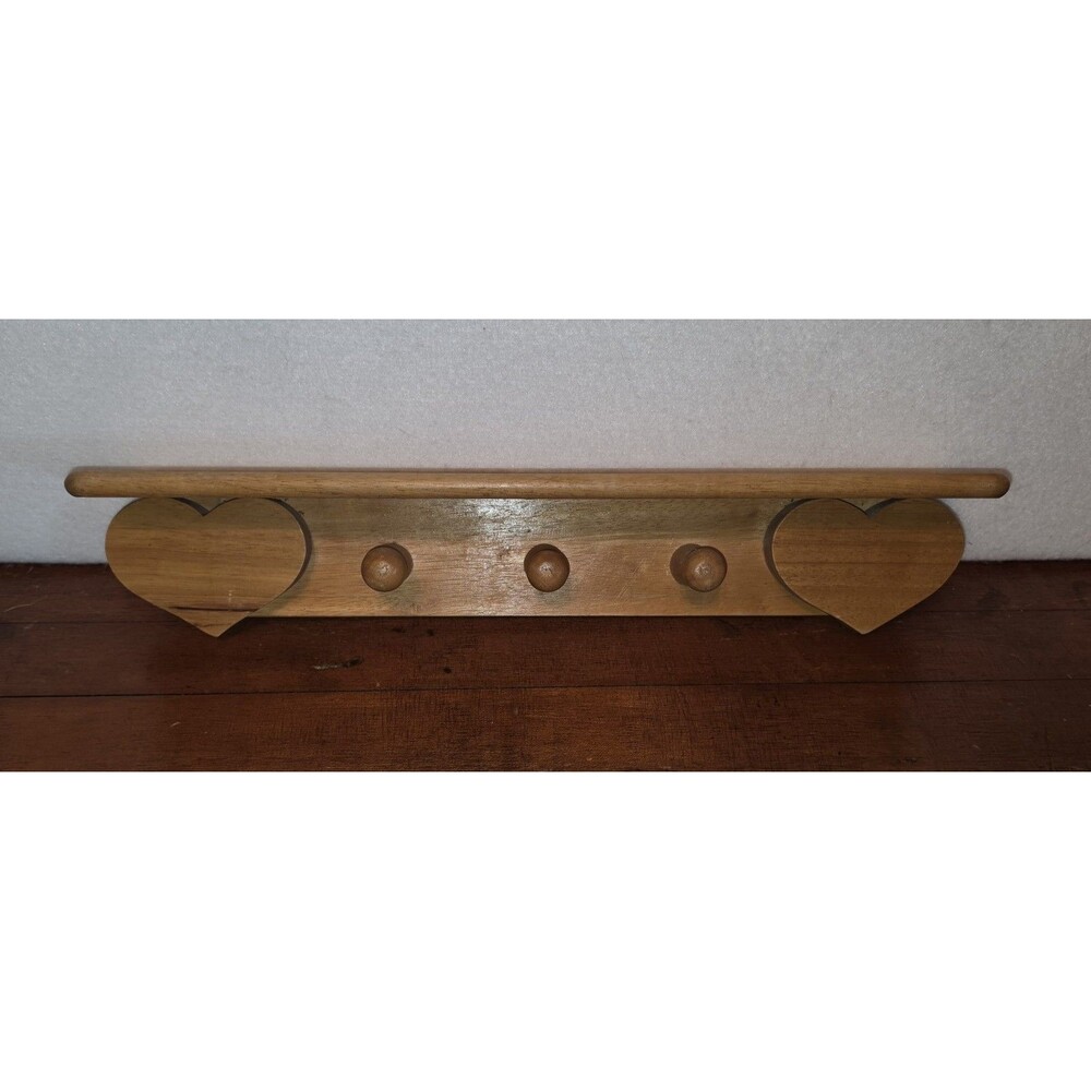 VTG Wooden Hearts Wall Shelf 3 Pegs Solid Oak Grandmacore 18 X 3.5 X 3.5"
